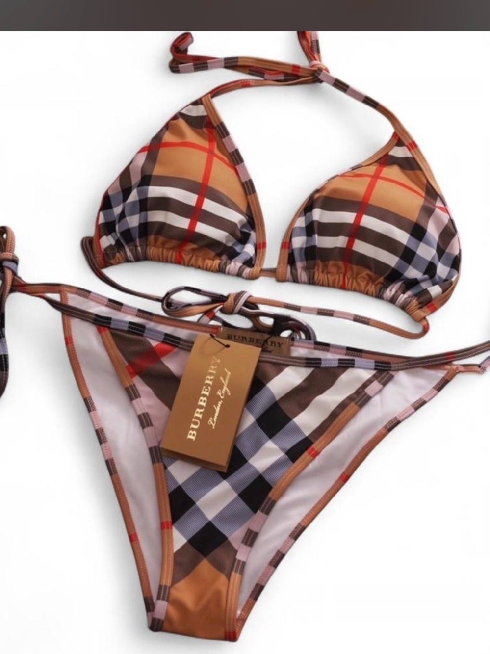 Burberry Plaid Triangle String Bikini in Tan, Black and Red